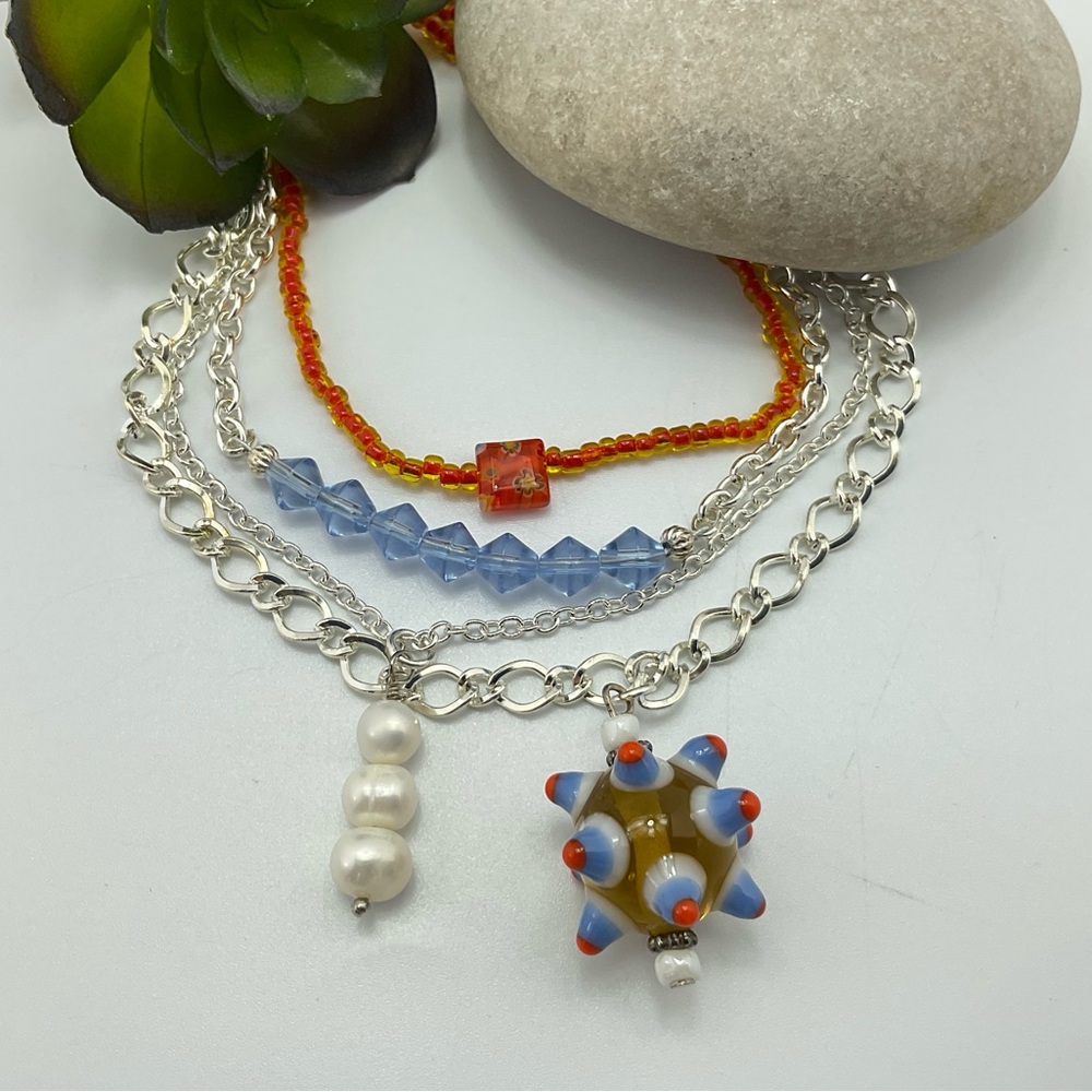 Colorful Layered Necklace Set, Handmade, Pearls, Art Glass Beads, Millefiori - Picture 6 of 8
